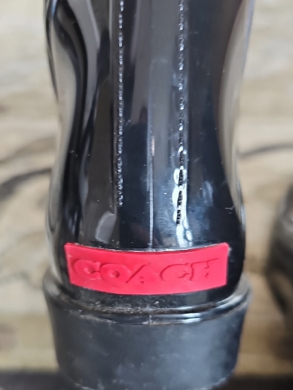 Coach Black Patent Rain Ankle Boots with Gray Monogram and Pink Accent - Picture 5 of 10